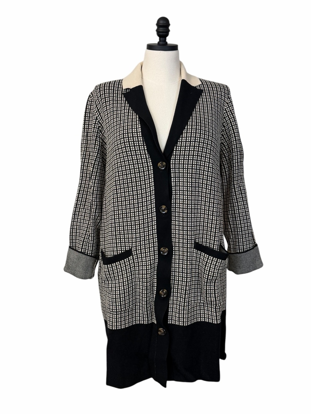 Ann Taylor Knit Blazer Cardigan XL Contrast Trim Black Tan Cream Check Longline